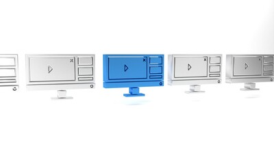 Poster - Blue Video recorder or editor software on computer monitor icon isolated on white background. Minimalism concept. 3D render illustration