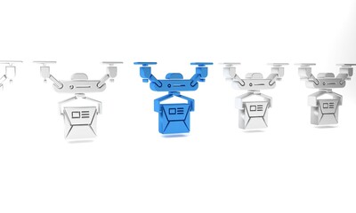 Poster - Blue Drone delivery concept icon isolated on white background. Quadrocopter carrying a package. Transportation, logistic concept. Minimalism concept. 3D render illustration