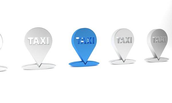 Blue Map pointer with taxi icon isolated on white background. Location symbol. Minimalism concept. 3D render illustration