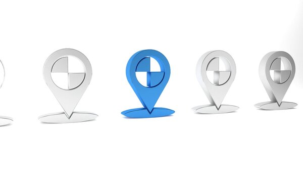 Blue Map pointer with taxi icon isolated on white background. Location symbol. Minimalism concept. 3D render illustration