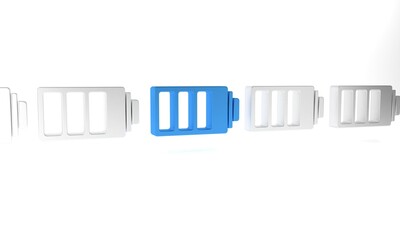 Sticker - Blue Battery charge level indicator icon isolated on white background. Minimalism concept. 3D render illustration