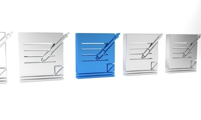 Poster - Blue Blank notebook and pen icon isolated on white background. Paper and pen. Minimalism concept. 3D render illustration