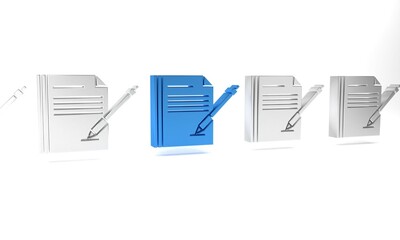 Poster - Blue Blank notebook and pen icon isolated on white background. Paper and pen. Minimalism concept. 3D render illustration