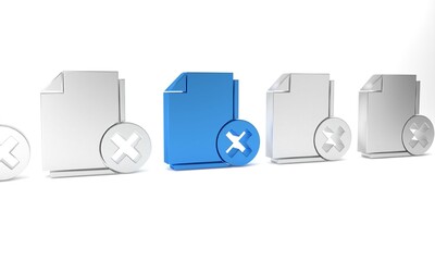 Poster - Blue Delete file document icon isolated on white background. Rejected document icon. Cross on paper. Minimalism concept. 3D render illustration