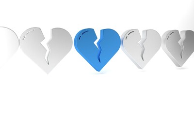 Poster - Blue Broken heart or divorce icon isolated on white background. Love symbol. Valentines day. Minimalism concept. 3D render illustration