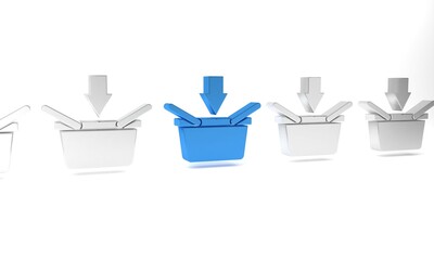 Poster - Blue Shopping basket icon isolated on white background. Online buying concept. Delivery service sign. Shopping cart symbol. Minimalism concept. 3D render illustration