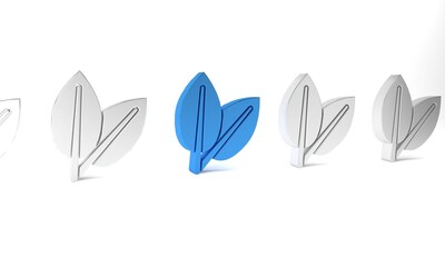 Wall Mural - Blue Leafs icon isolated on white background. Fresh natural product symbol. Minimalism concept. 3D render illustration