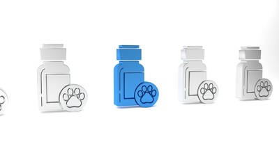 Wall Mural - Blue Dog medicine bottle icon isolated on white background. Container with pills. Prescription medicine for animal. Minimalism concept. 3D render illustration