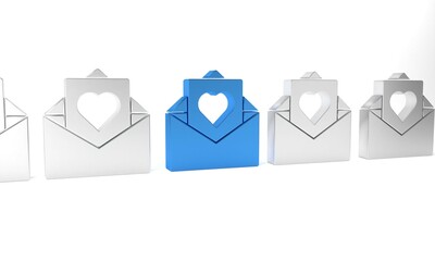 Poster - Blue Envelope with Valentine heart icon isolated on white background. Message love. Letter love and romance. Minimalism concept. 3D render illustration