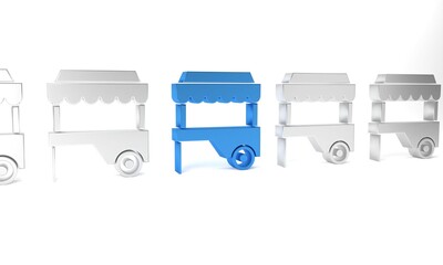 Poster - Blue Fast street food cart with awning icon isolated on white background. Urban kiosk. Minimalism concept. 3D render illustration