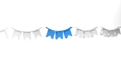 Poster - Blue Carnival garland with flags icon isolated on white background. Party pennants for birthday celebration, festival and fair decoration. Minimalism concept. 3D render illustration