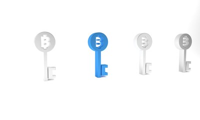 Sticker - Blue Cryptocurrency Bitcoin key icon isolated on white background. Concept of cyber security or digital key with technology interface. Minimalism concept. 3D render illustration