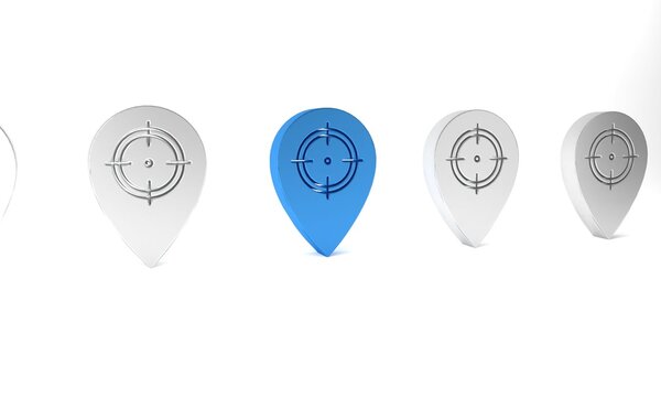 Blue Hunt place icon isolated on white background. Navigation, pointer, location, map, direction, place. Minimalism concept. 3D render illustration