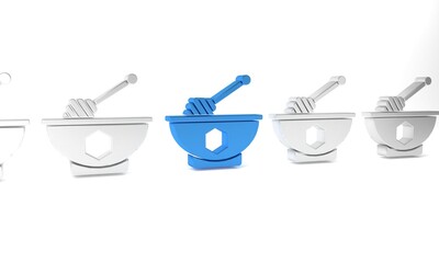 Sticker - Blue Honey dipper stick and bowl icon isolated on white background. Honey ladle. Minimalism concept. 3D render illustration