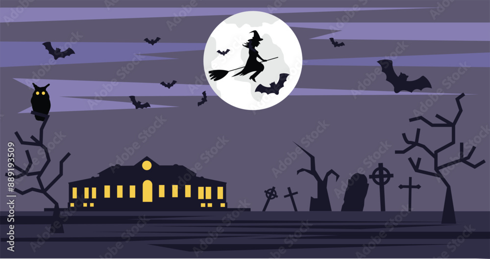 Witch Flying on a Broom Above Dark Mansion and Graveyard with Barren ...