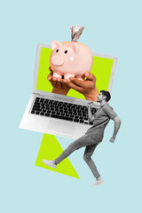 Poster - Creative trend collage of young man saving money piggy online investment account netbook freak bizarre unusual fantasy