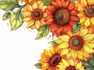 Sticker - 5. A lovely set of flower backgrounds with sunflowers and leaves, each illustration presenting detailed and colorful floral elements, perfect for adding a touch of nature to various designs