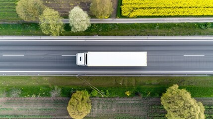 Wall Mural - A white semi-truck drives autonomously along a paved road through a green, rural landscape