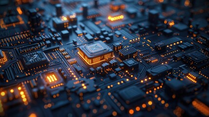 Poster - Close-up of a circuit board with glowing lights. The photo represents the complexity and interconnectedness of modern technology.