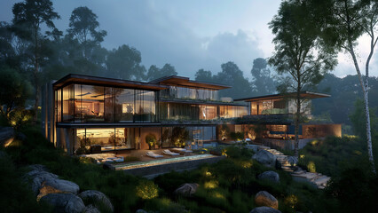 Wall Mural - Modern luxury villa in the great outdoors, night, forest