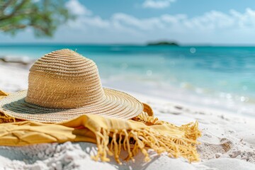 Wall Mural - Straw hat on sandy beach clear blue sky serene coastal view vibrant summer scene inviting beach setting peaceful retreat relaxing vacation vibes