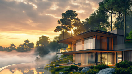 Wall Mural - Modern luxury villa in the great outdoors, sunset