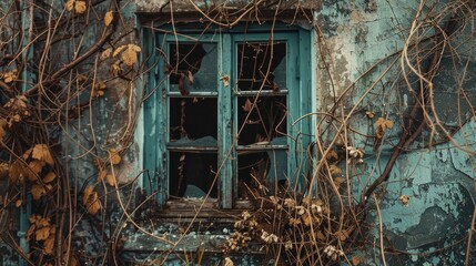 Abandoned house with closed window entwined with dried vine