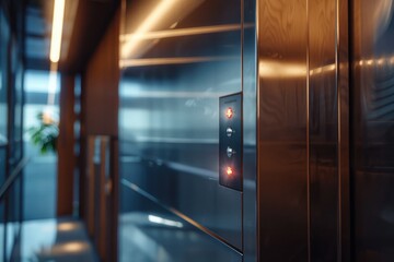 Poster - A close-up shot of an elevator with a single light turned on, suitable for use in interior design or technology-related contexts