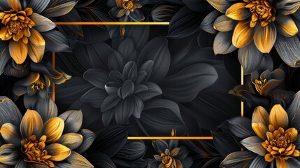 Wall Mural - Abstract black and yellow flowers graphic with gold frame on dark background