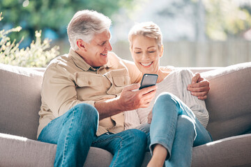 Sticker - Happy, senior couple and sofa with phone for browsing social media, streaming video and reading online news. Smile, elderly woman and man with mobile of communication, article and multimedia at house