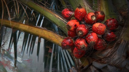 Wall Mural - Abundance of crimson fruit on the palm tree