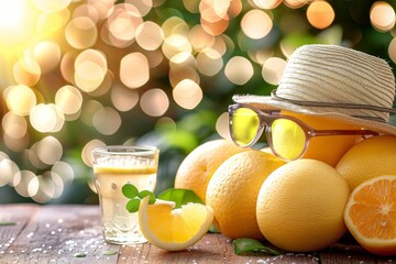 Wall Mural - Fresh citrus fruits with tropical drink vibrant bokeh background playful summer scene cheerful atmosphere inviting setting bright and refreshing