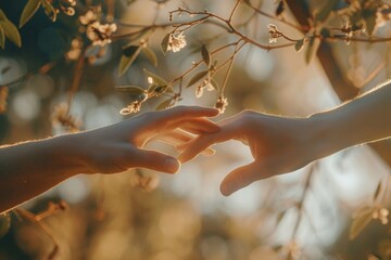 Poster - Two hands extending from the darkness towards each other, illuminated by the light of a nearby tree