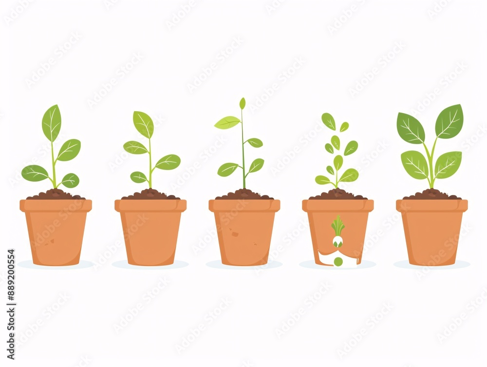 1. A vector illustration featuring pots with various plant sprouts in different stages of growth, set against a white background. Each pot contains a seedling emerging from the soil, showing the