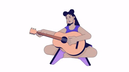 Poster - Young latina woman playing guitar line 2D character animation. Girl strumming strings flat color cartoon 4K video, alpha channel. Hispanic female guitarist animated person on white background