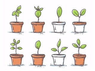 3. a detailed vector illustration showcasing an array of pots with sprouting plants, each pot displa