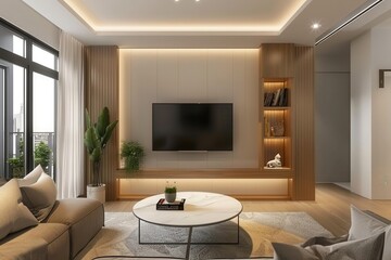 stylish wallmounted tv mockup in modern living room interior 3d rendering