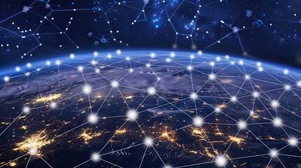 Poster - A network of interconnected lines and nodes is shown over a nighttime earth with a focus on Asia