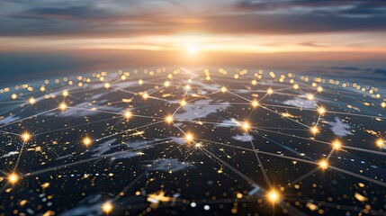 Poster - A network of interconnected lines and nodes is shown over a nighttime earth with a focus on Asia