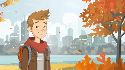 Sticker - Cheerful Young Man Enjoying Autumn In City Park