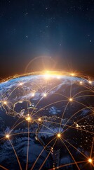 Poster - A network of interconnected lines and nodes is shown over a nighttime earth with a focus on Asia
