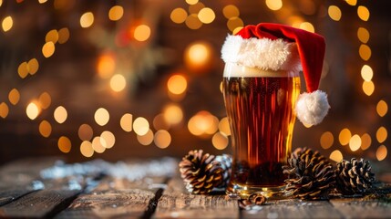 Wall Mural - Festive Holiday Beer with Santa Hat and Pine Cones on Wooden Table with Christmas Lights