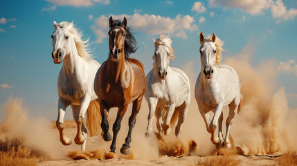 Group of horses galloping in the desert