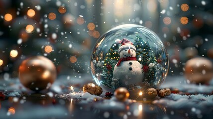 Wall Mural - Festive Snowman in Christmas Globe with Holiday Lights and Snowflakes