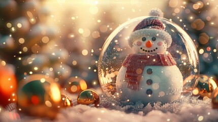 Wall Mural - Festive Snowman in Glass Dome with Christmas Decorations and Holiday Lights