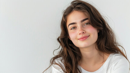 Wall Mural - Portrait of beautiful happy young woman looking at camera on white background