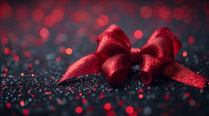 Wall Mural - Red Satin Bow on Black Glitter Background With Red Bokeh Lights