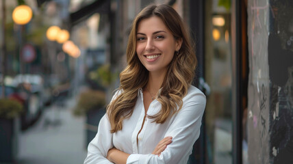 Wall Mural - young happy pretty smiling professional business woman standing outdoor on street