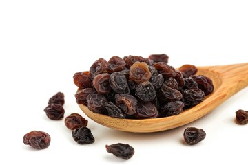 Poster - A wooden spoon filled with raisins sitting on a white surface