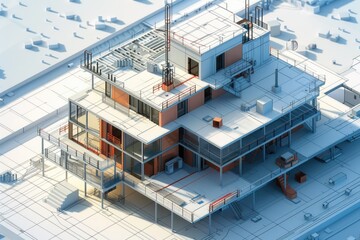 Aufkleber - A photo of a construction site with a crane on top of the building, taken from a distance